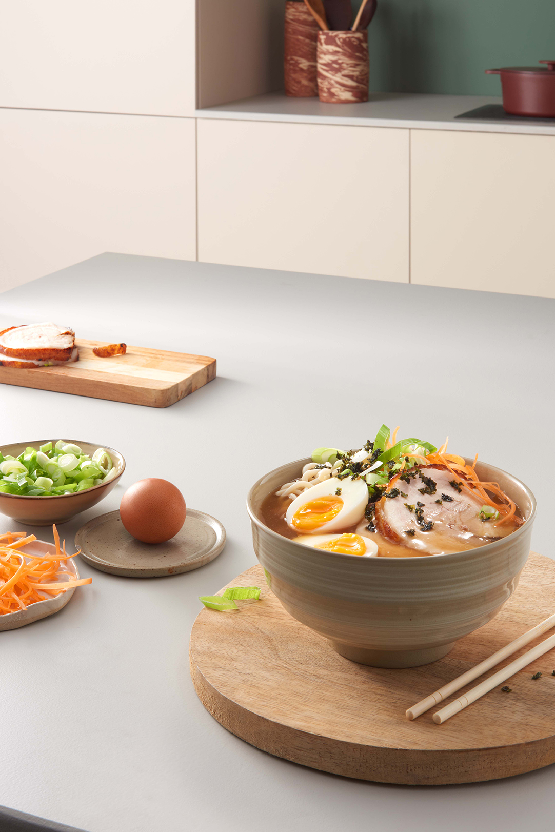 Professional retouching for food photography - enhanced ramen noodle soup with perfect styling